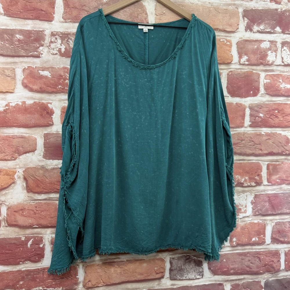 Umgee Kimono Top Women's L Teal Blue Boho Distressed Bleach Splatter Faded Shirt - Picture 2 of 8